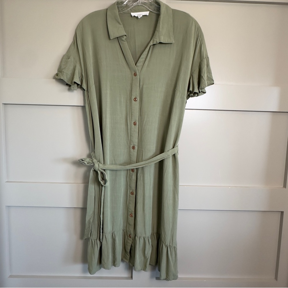 Lucky Brand Dress Olive Green Midi Shirt Button Up Short Sleeve Collar Women’s L